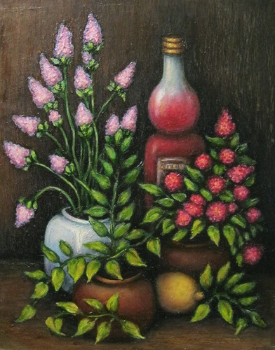 Натюрморт с бутылкой и цветами