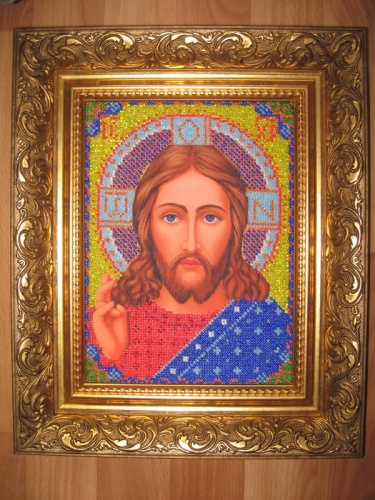 Икона Христос Спаситель, вышитая бисером.