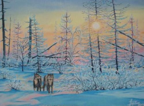 Прогулка волков на зимней поляне